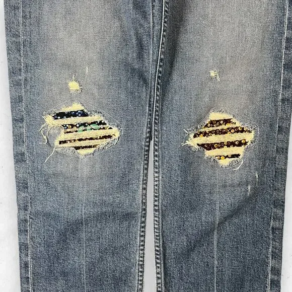 Blue High Rise Distressed Jeans with Slim Fit